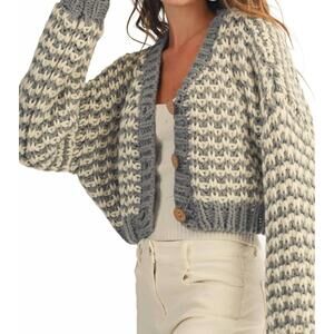 NEW LOVLOV vintage chunky ribbed knit cardigan in grey/ white
